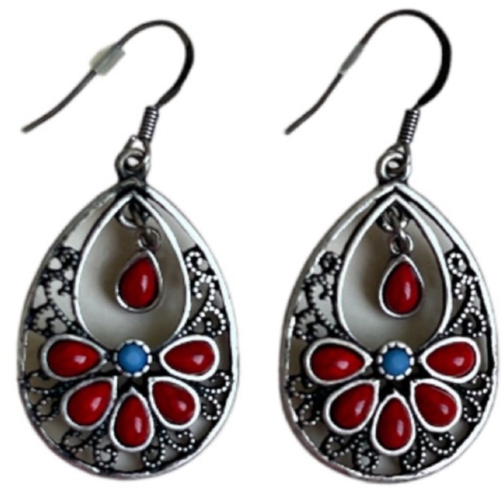 Coral & Blue Crystal Gemstones Antiqued Silver Dangle Wire Pierced Earrings